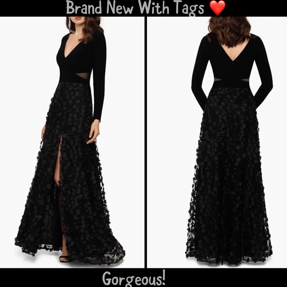 Xcape Black Long Sleeve 3D Floral Appliqué Gown-sz 16 (14-dress runs small)-NWT